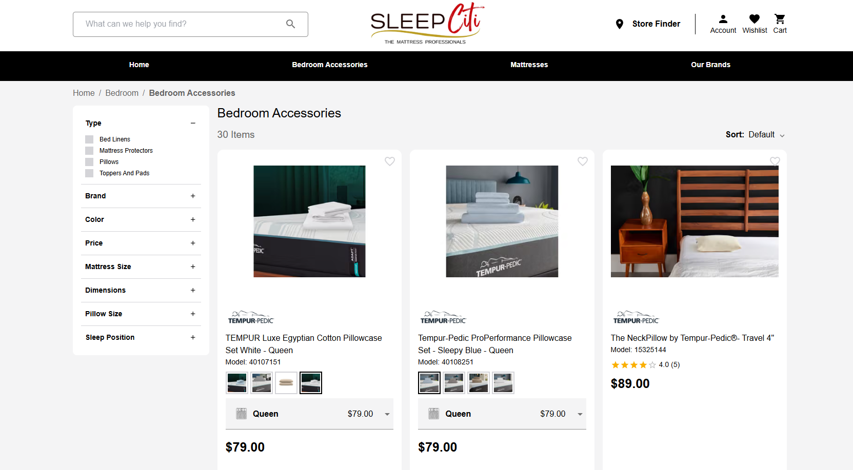 Catálogo de Bedroom Accessories con filtros y variantes