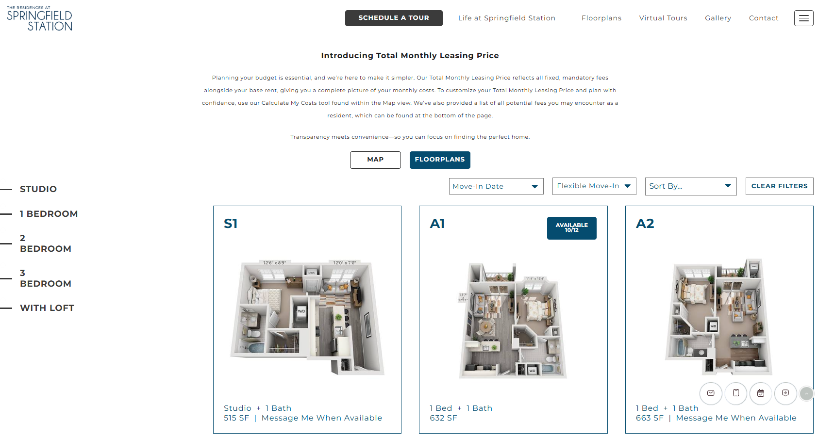 Floorplans con Total Monthly Leasing Price y filtros de disponibilidad