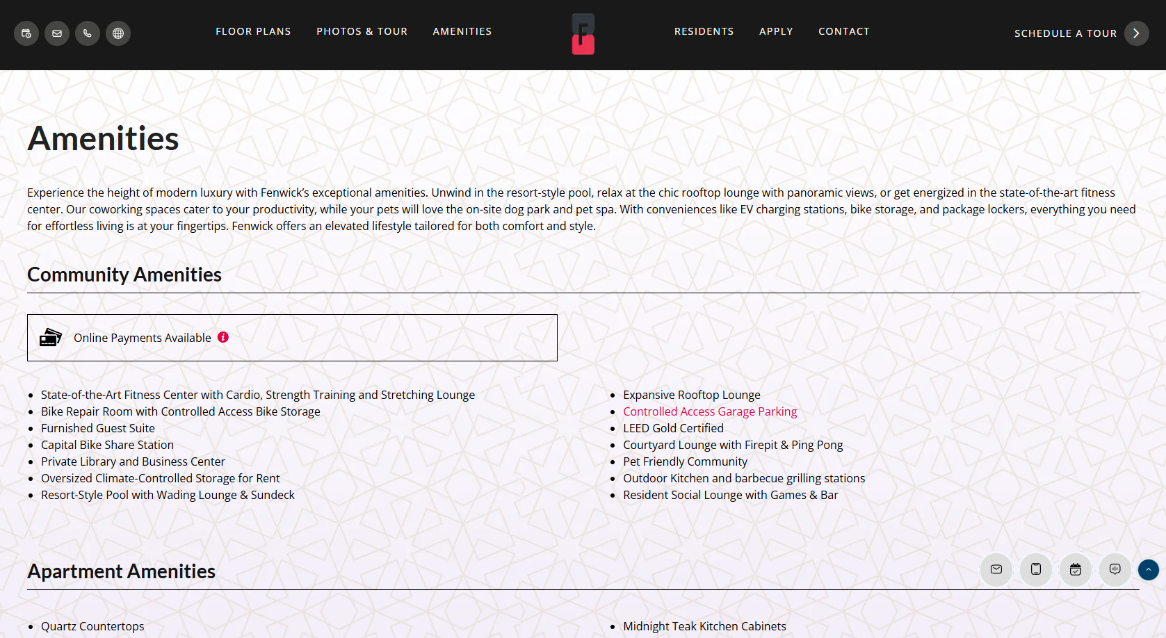 Lista completa de amenidades comunitarias y de apartamento