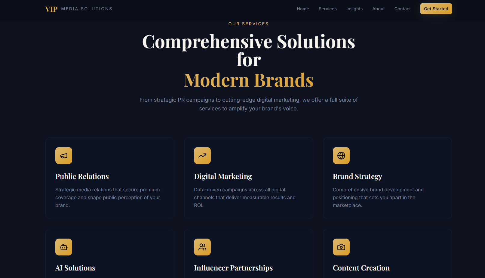 “Comprehensive Solutions for Modern Brands” — grid de servicios